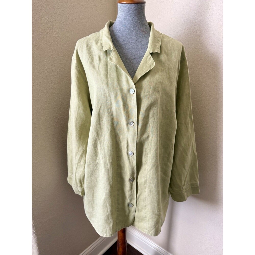 FLAX Women's Size 1G (18/20) Green 100% Linen Button-Down Long Sleeve Tunic Top